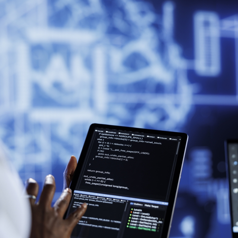 Trained developer updates neural networks made up of interconnected nodes, writing intricate binary code scripts on tablet. Expert uses programming to upgrade AI simulation model, blurry background